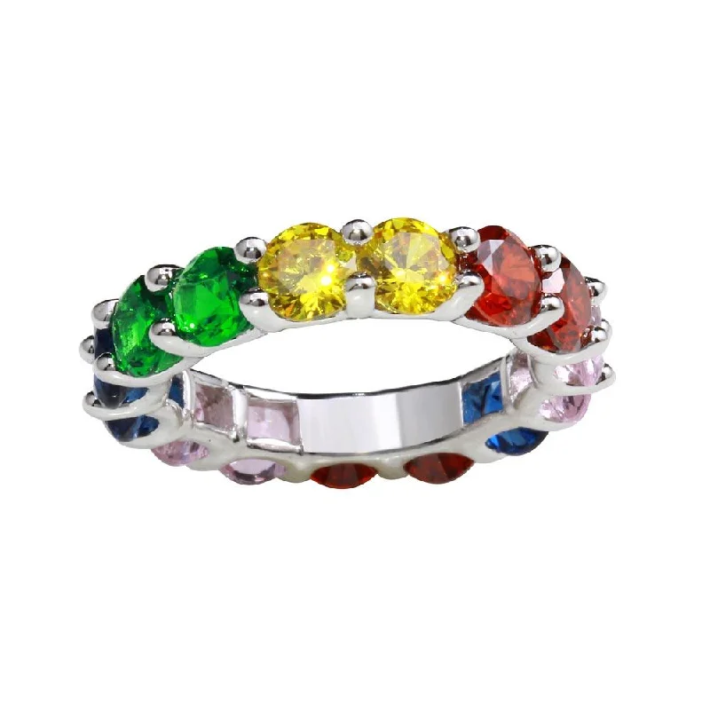 ladies ring cushion cut-Rhodium Plated 925 Sterling Silver Plated 925 Sterling Silver Multi-Colored Round CZ Stone Ring - GMR00269RBC