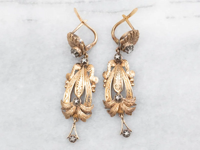 ladies earrings chain gold-Antique Inspired Rose Cut Diamond Drop Earrings