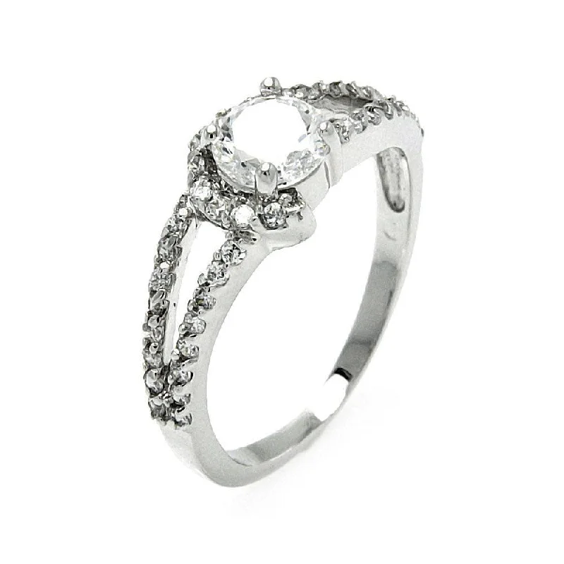 ladies ring curved design-Silver 925 Rhodium Plated Clear Round Center CZ Open Bridal Ring - BGR00569