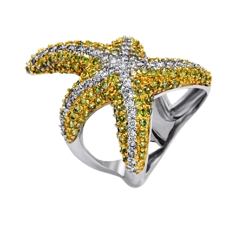 ladies ring retro-Silver 925 Rhodium and Gold Plated 2 Toned Pave Set Green and Clear CZ Starfish Ring - BGR00381