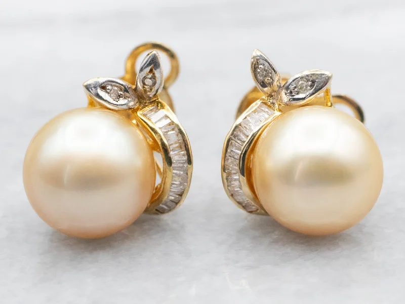 ladies earrings best gold-Champagne Pearl Diamond and Gold Statement Earrings