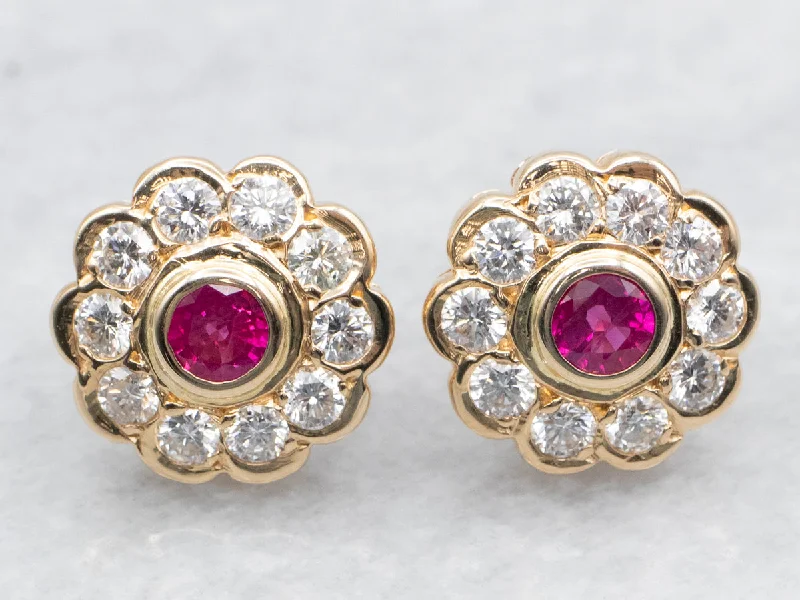 ladies earrings set-Bezel Set Ruby and Diamond Halo Stud Earrings