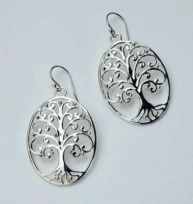 ladies earrings yellow gold finish-Sterling Silver "Tree of Life" Oval Earrings