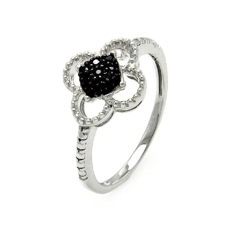 ladies ring modern silver-Silver 925 Black and Silver Rhodium Plated Black and Clear CZ Flower Ring - STR00909