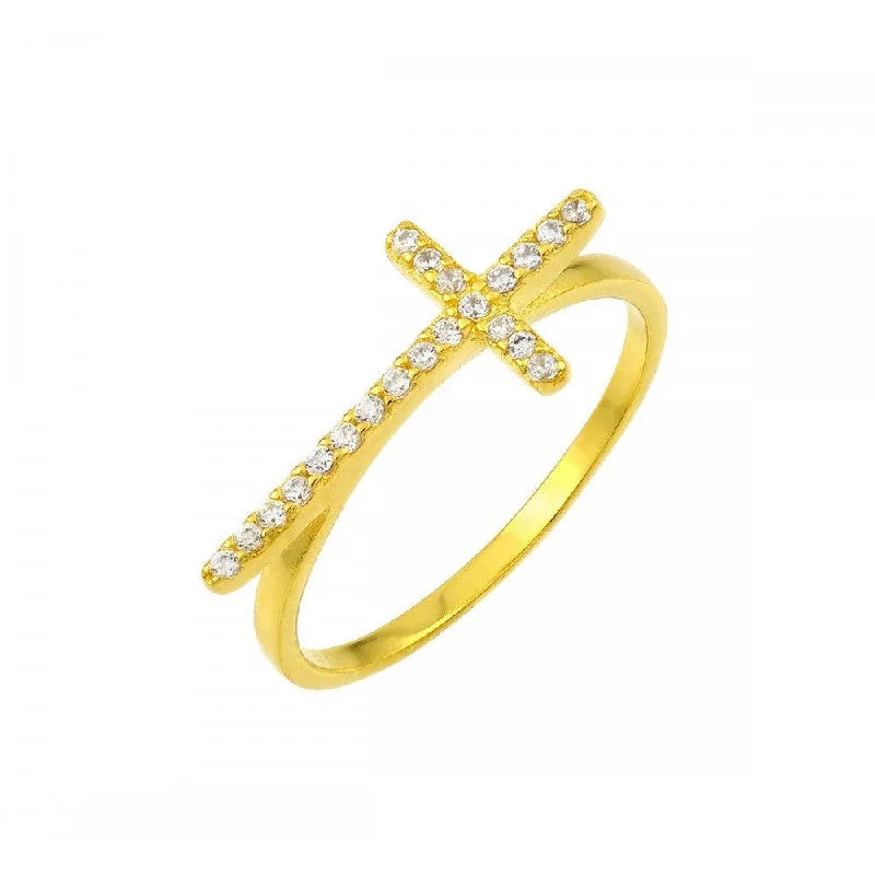 ladies ring victorian-Silver 925 Gold Plated Clear CZ Cross Ring - BGR00810GP