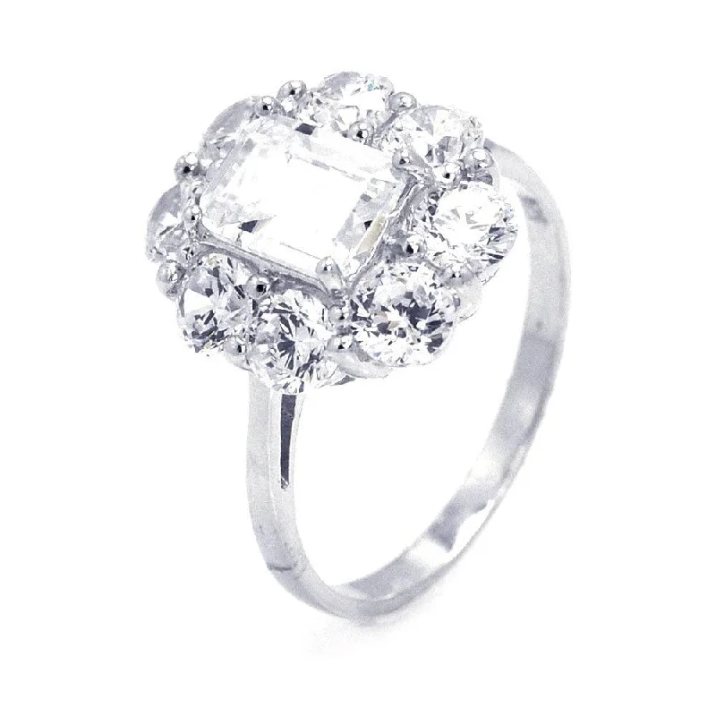 ladies ring dramatic-Silver 925 Rhodium Plated Rectangular Center CZ Flower Ring - STR00647