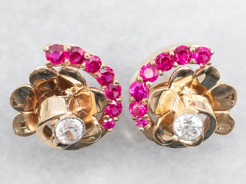 ladies earrings layered gold-Funky White Topaz and Synthetic Ruby Retro Stud Earrings