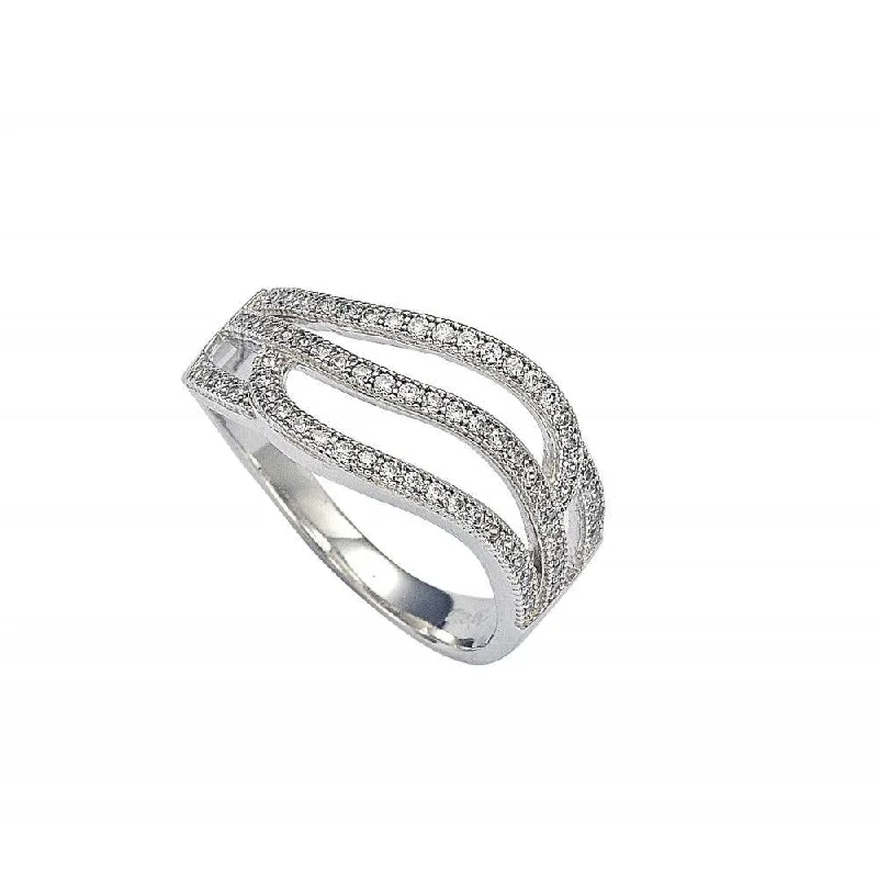 ladies ring center stone-Silver 925 Rhodium Plated Micro Pave Set Clear CZ Wave Ring - GMR00008