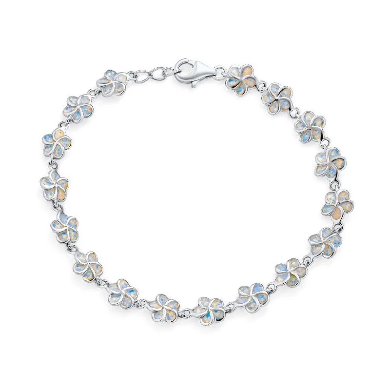 Ladies bracelets slip-on bracelet styles-Plumeria Hawaiian Flower White Created Opal Link Bracelet Silver