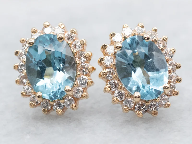 ladies earrings black friday silver-Blue Topaz Stud Earrings with Diamond Halo