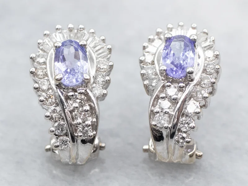 ladies earrings upcycled-White Gold Oval Cut Tanzanite Stud Earrings with Round and Baguette Cut Diamond Accents and Omega Backs