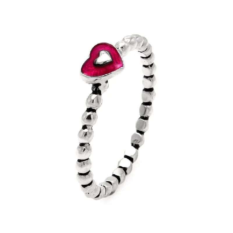 ladies ring mosaic-925 Sterling Silver Nickel Free Black and Rhodium Plated Pink Heart Beaded Band Ring - STR00898