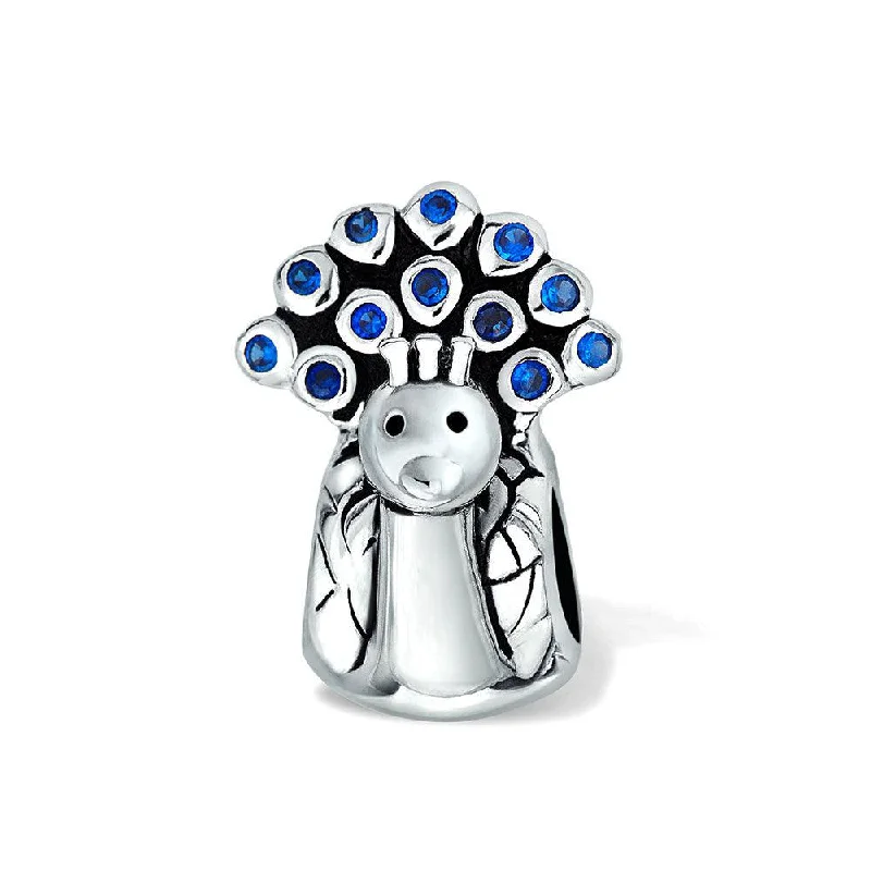 Ladies bracelets mixed material bracelets-Peacock Charm Bead Royal Blue CZ Sterling Silver for European Bracelet