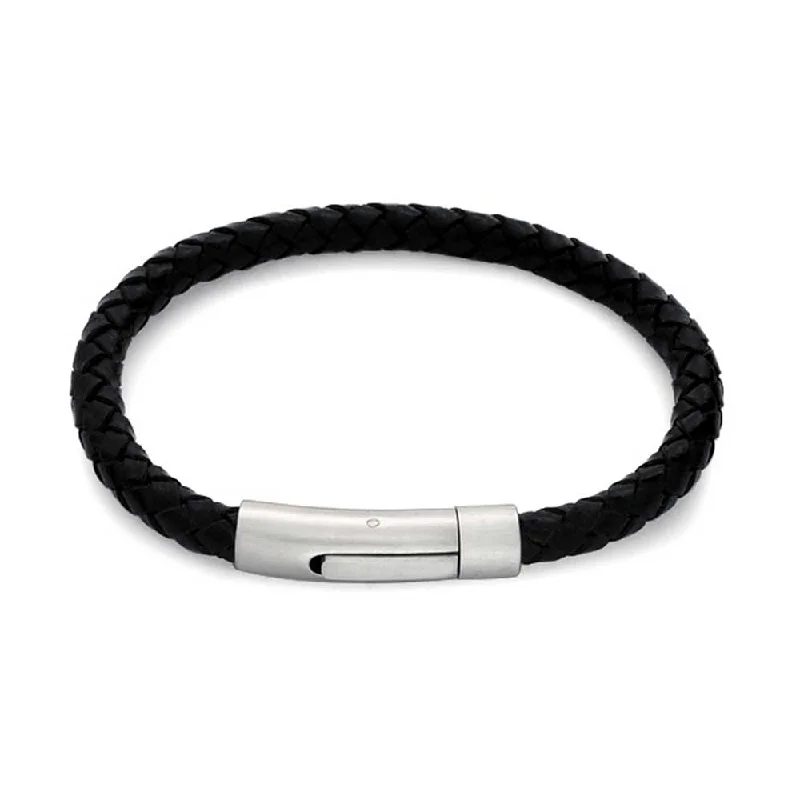 Ladies bracelets durable craft bracelets-Unisex Black Woven Leather Cuff Bracelet with Stainless Barrel Clasp for Men