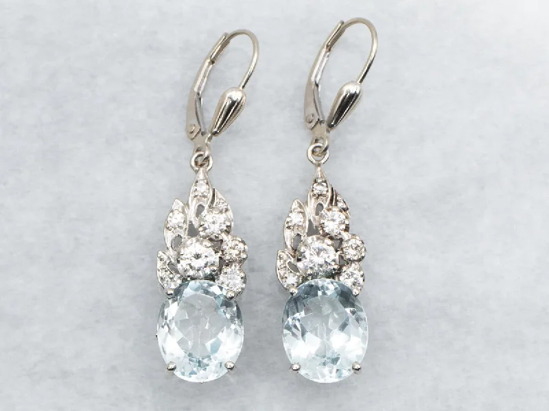 ladies earrings engagement-Blue Topaz and Diamond Drop Earrings