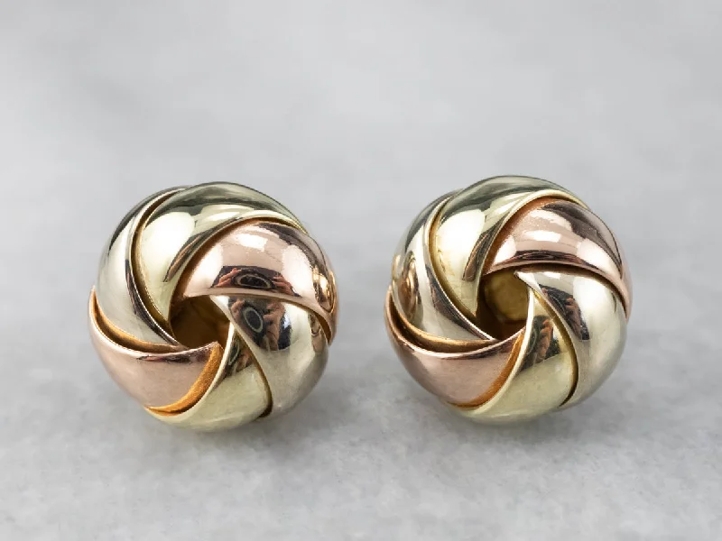 ladies earrings fringe silver-Tri Color Gold Knot Stud Earrings