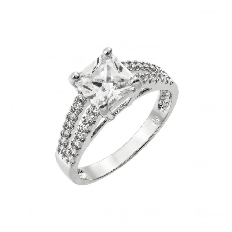 ladies ring subtle gold-Silver 925 Rhodium Plated Clear Princess Cut and Inlay CZ Ring - BGR00903