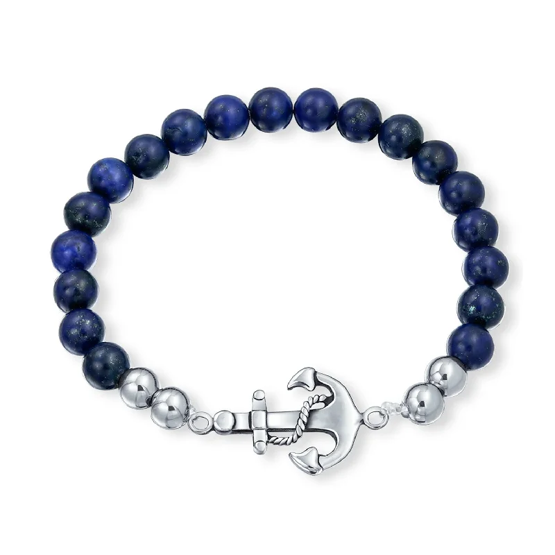 Ladies bracelets spinning band styles-Stackable Navy Blue Lapis Lazuli Stretch Bracelet with Nautical Anchor Design