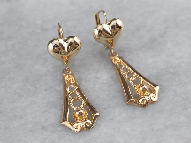 ladies earrings wedding-Gold Heart Bar Drop Earrings