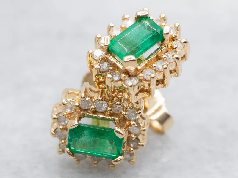 ladies earrings layered gold-Gold Emerald and Diamond Halo Stud Earrings