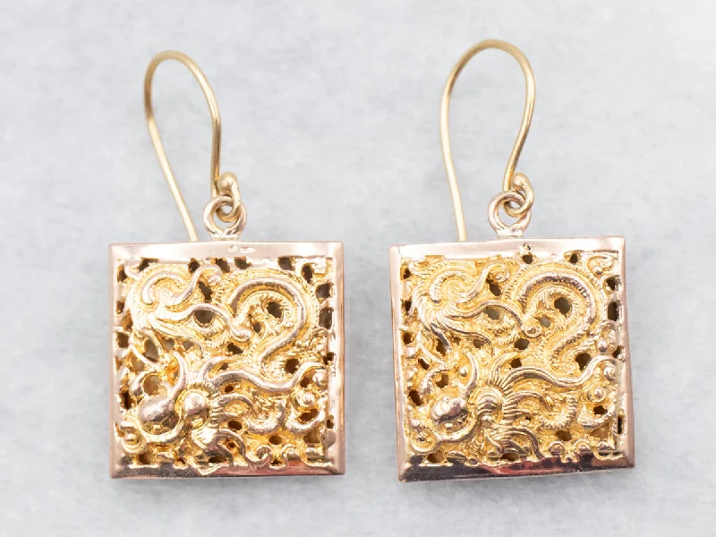 ladies earrings feather gold-Yellow Gold Ornate Filigree Square Shaped Drop Earrings