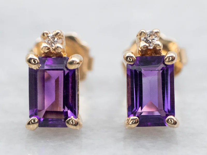 ladies earrings mother’s gold-Pretty Amethyst and Diamond Stud Earrings