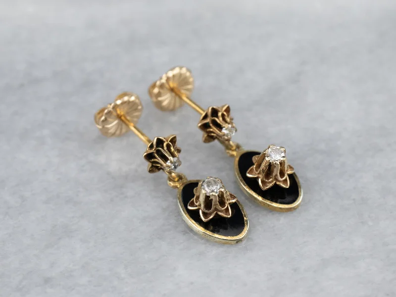 ladies earrings huggie-Buttercup Diamond Black Enamel Drop Earrings