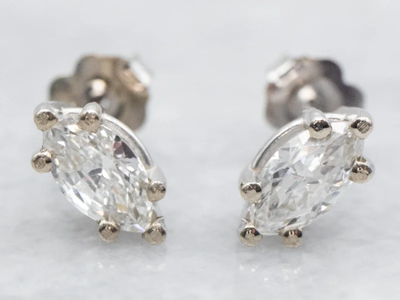 ladies earrings dainty silver-White Gold Marquise Cut Diamond Stud Earrings