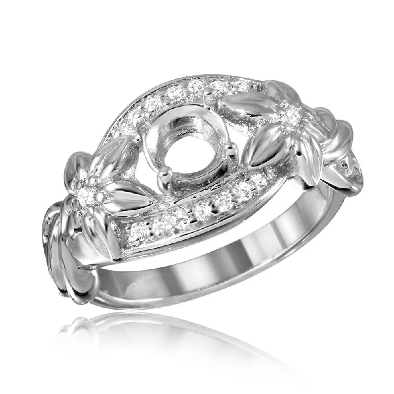 ladies ring spring fashion-Silver 925 Rhodium Plated Flower Shank Single Stone Mounting Ring - BGR00815