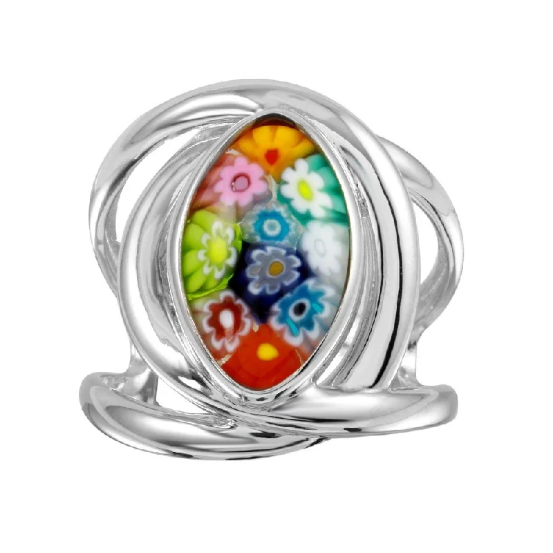 ladies ring sale gold-Rhodium Plated 925 Sterling Silver Open Shank Oval Shape Murano Glass Ring - MR00008