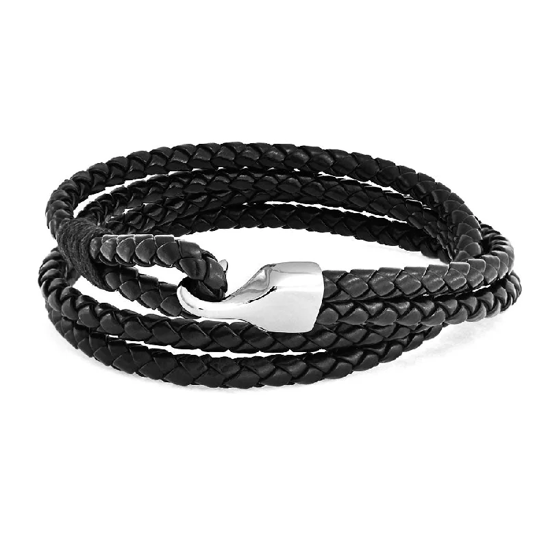 Ladies bracelets fade-proof bracelets-Unisex Black Leather Cuff Bracelet with Stainless Hook Clasp - Double Wrap Design