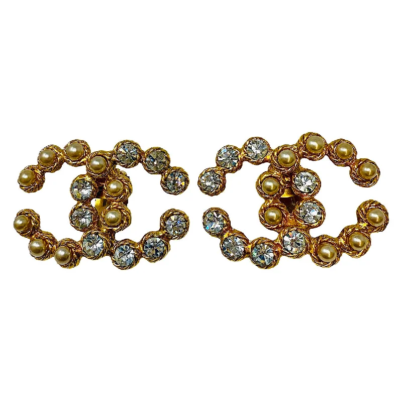 ladies earrings hypoallergenic silver-Chanel 2008 Gold-tone Interlocking CC Clip-on Earrings with Crystal & Faux Pearl