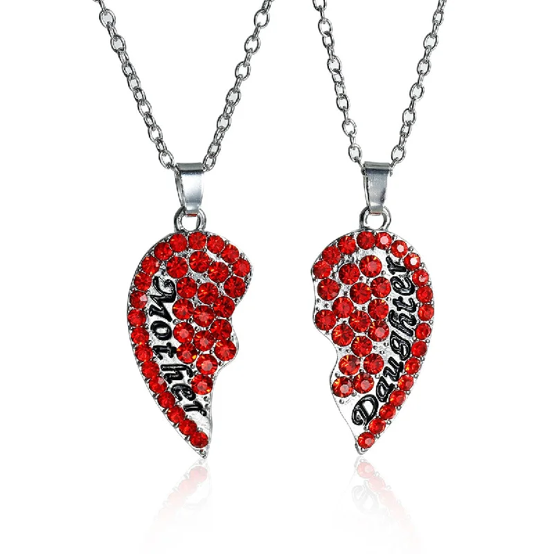 Ladies necklaces cushion cut necklaces-Necklace Long Link Cable Chain Broken Heart Message " Mother & Daughter " Pendants Red Rhinestone