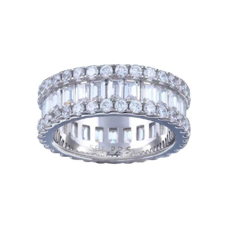 ladies ring delicate-Rhodium Plated 925 Sterling Silver CZ Baquette Band with Border Ring  - STR01144