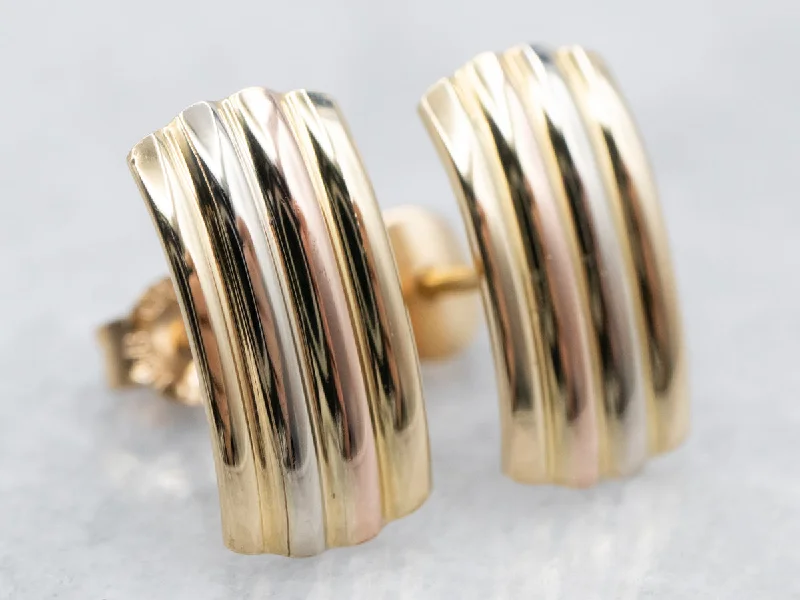 ladies earrings crawler-Tricolor 18 Karat Gold Ribbed Stud Earrings