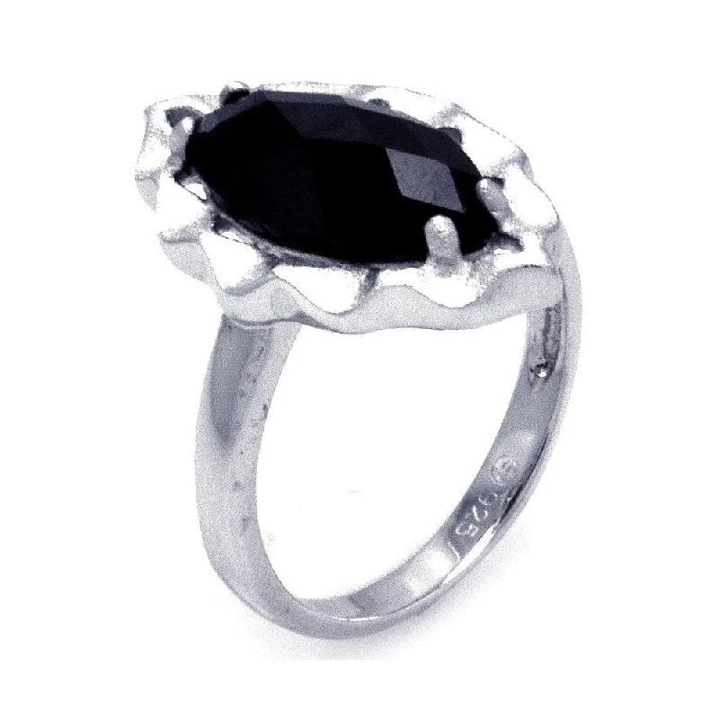 ladies ring party silver-Silver 925 Rhodium Plated Black Oval CZ Ring - STR00866