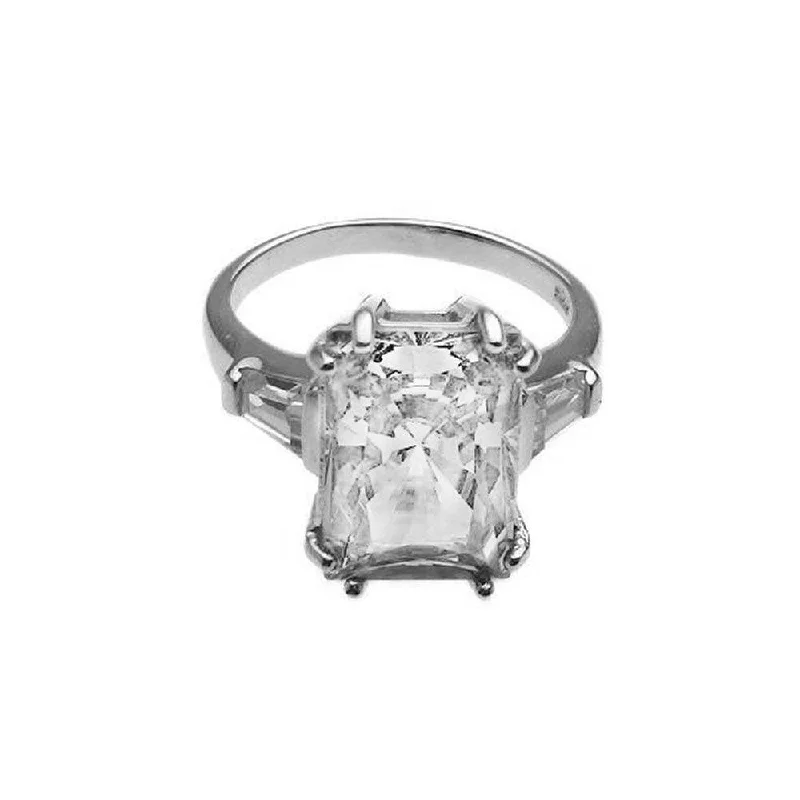 ladies ring allergy safe-Silver 925 Rhodium Plated Rectangular Clear CZ Ring - STR00453CLR