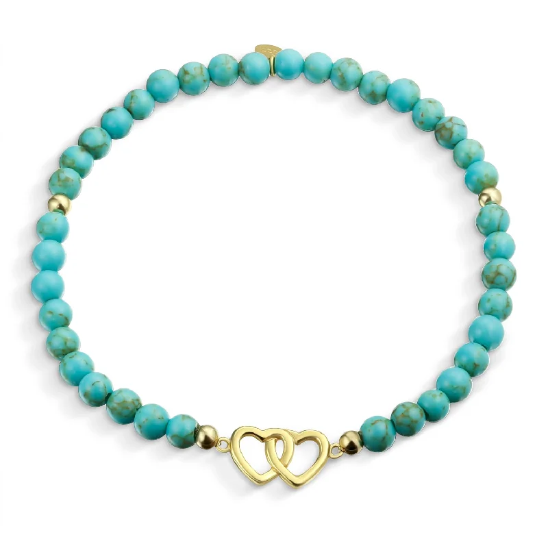 Ladies bracelets sustainable jewelry designs-Interlocking Hearts BFF Turquoise Bead Stretch Bracelet 14K Gold Plated Silver