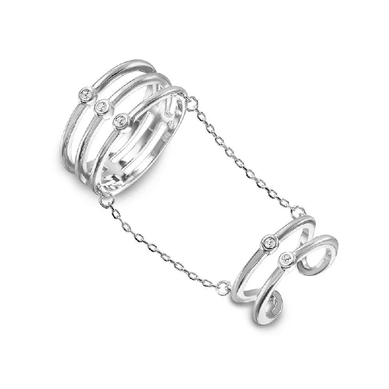 ladies ring vintage platinum-Silver 925 Rhodium Plated 2 Rings in 1 Attached on a Chain - BGR01025