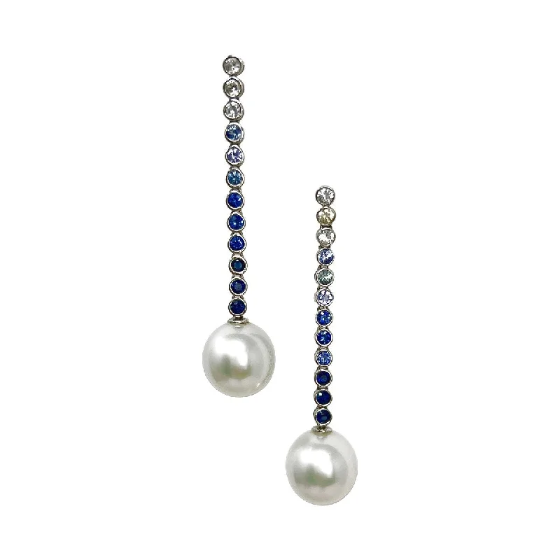 ladies earrings elegant rose gold-18K White Gold Drop Earrings with Sapphire and South Sea Pearl