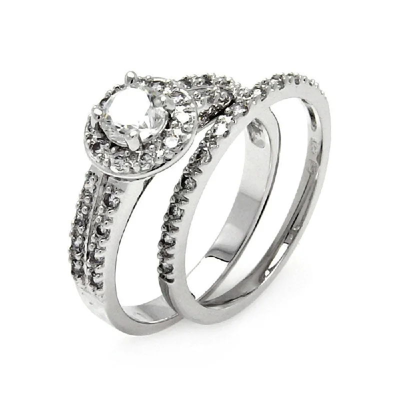 ladies ring colored stones-Silver 925 Rhodium Plated Clear Pave Set CZ Round Bridal Ring Set - BGR00460