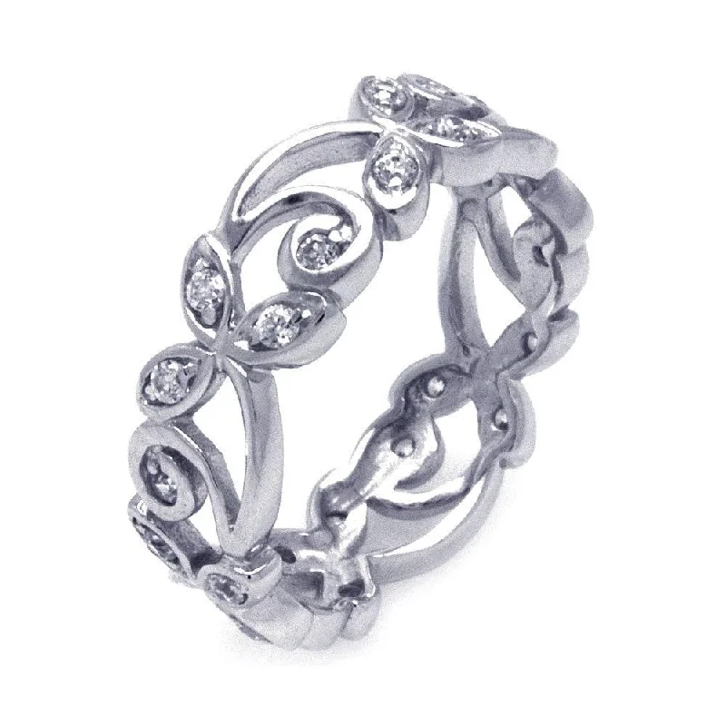 ladies ring two-tone-Silver 925 Rhodium Plated CZ Flower Eternity Ring - STR00786