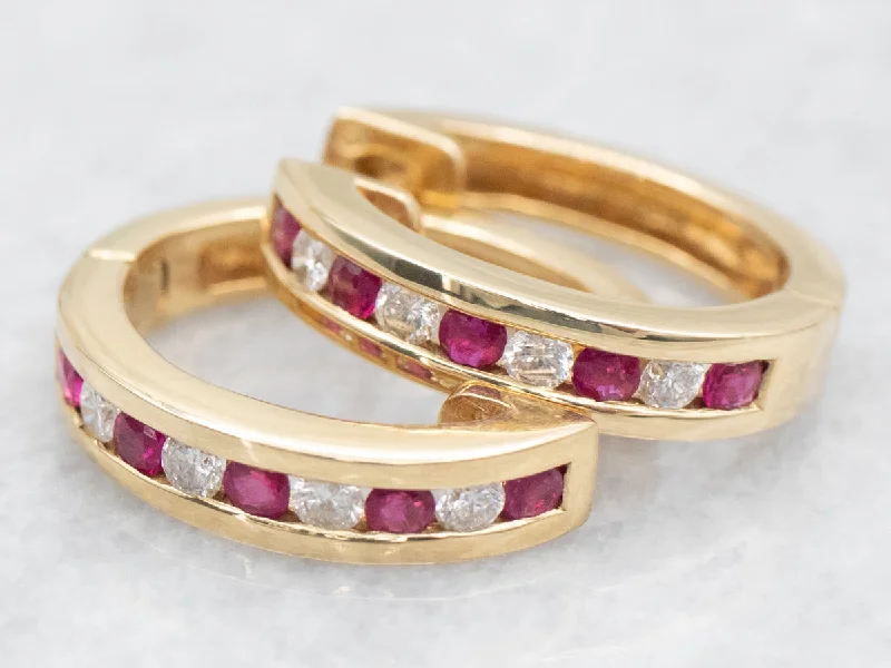 ladies earrings cluster silver-Gold Ruby and Diamond Hinged Huggie Hoop Earrings