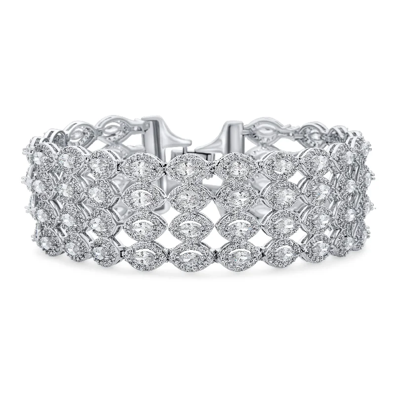 Ladies bracelets soft glow styles-Art Deco CZ Marquise 4 Row Wide Tennis Bracelet Silver Plated 7.5 Inches Bridal