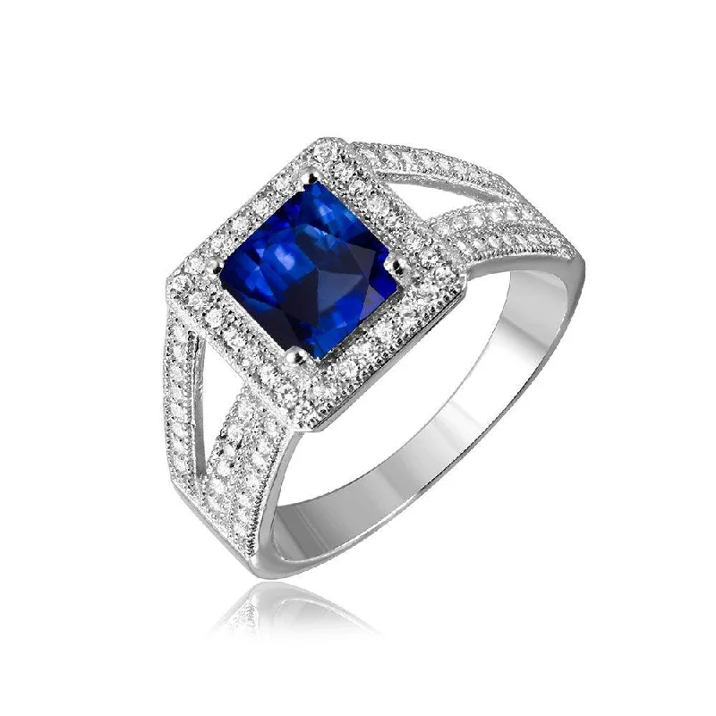 ladies ring floral platinum-Silver 925 Rhodium Plated Sapphire Square Halo with Micro Pave CZ Ring - GMR00103S