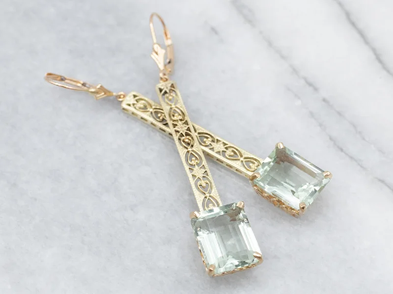 ladies earrings best deals-Prasiolite Gold Filigree Drop Earrings