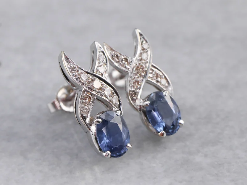 ladies earrings platinum-Sapphire Diamond White Gold Drop Earrings