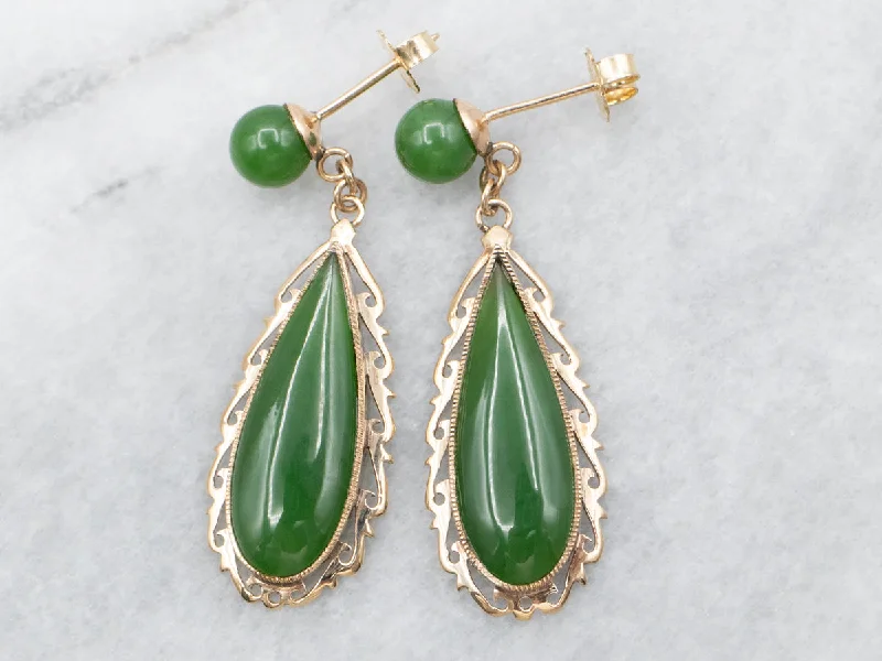 ladies earrings rose gold finish-Yellow Gold Pear and Round Cut Jade Drop Earrings