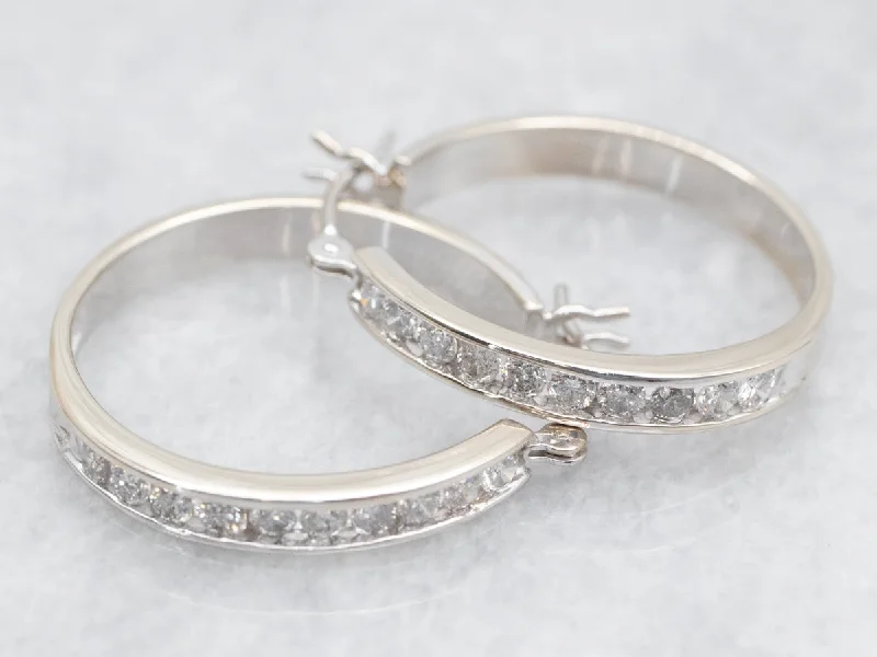 ladies earrings large-Channel Set Diamond Hoop Earrings