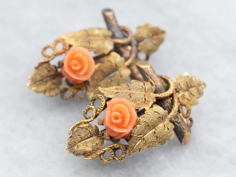 ladies earrings online-Art Nouveau Leaf and Coral Flower Earrings